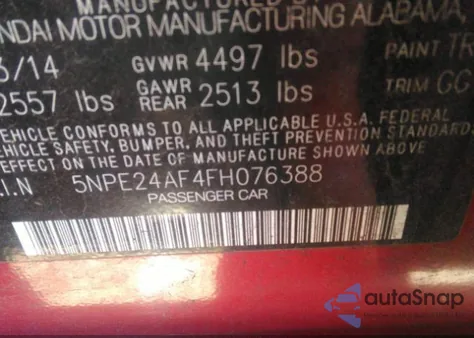 2015 Hyundai Sonata Se z USA, uszkodzony, nr VIN 5NPE24AF4FH076388